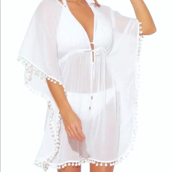Bleu Rod Beattie Other - BLEU ROD BEATTIE White Pom Pom Trim Cover Up Caftan Swimsuit
